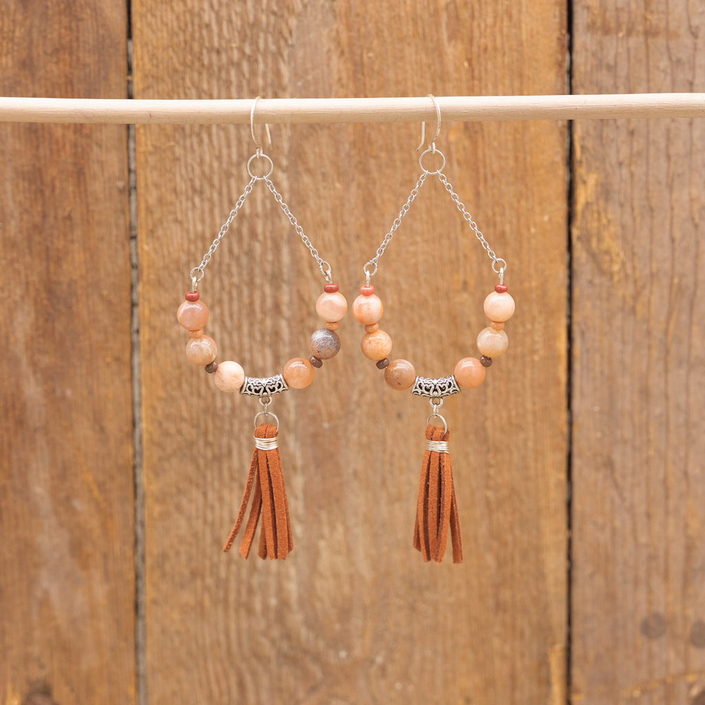Orange Moonstone Tassel Earrings in Stainless Steel