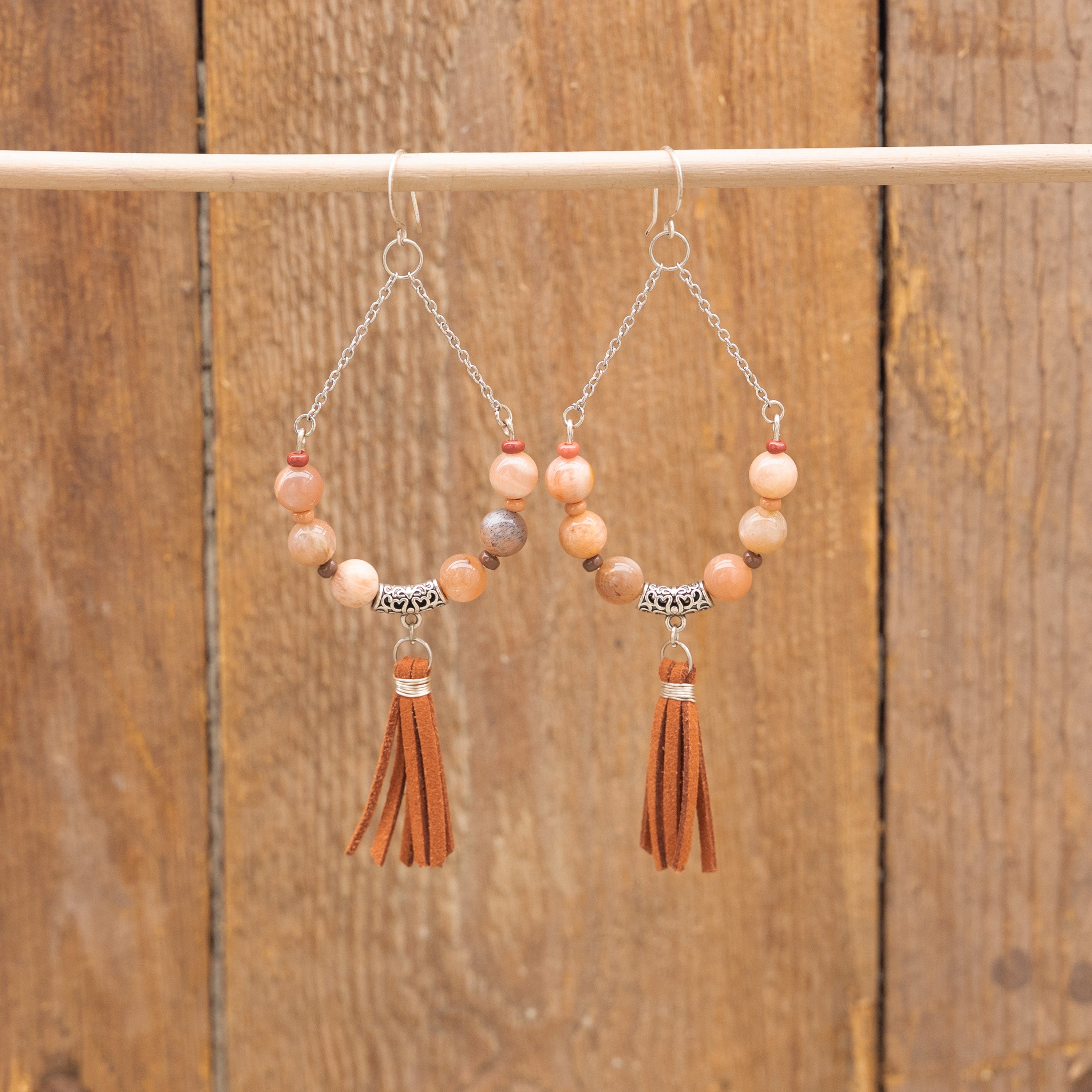 Orange Moonstone Tassel Earrings in Stainless Steel
