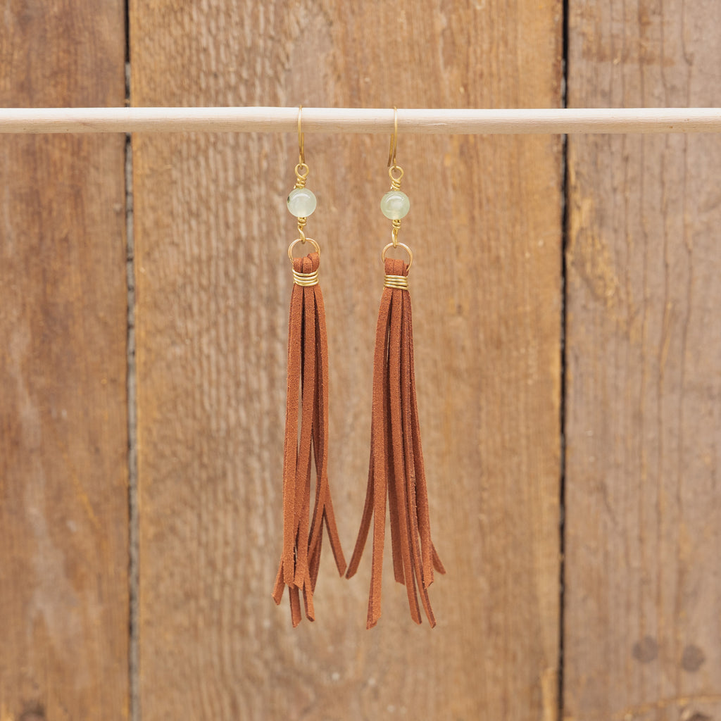 Prehnite Tassel Earrings in Brass and Suede