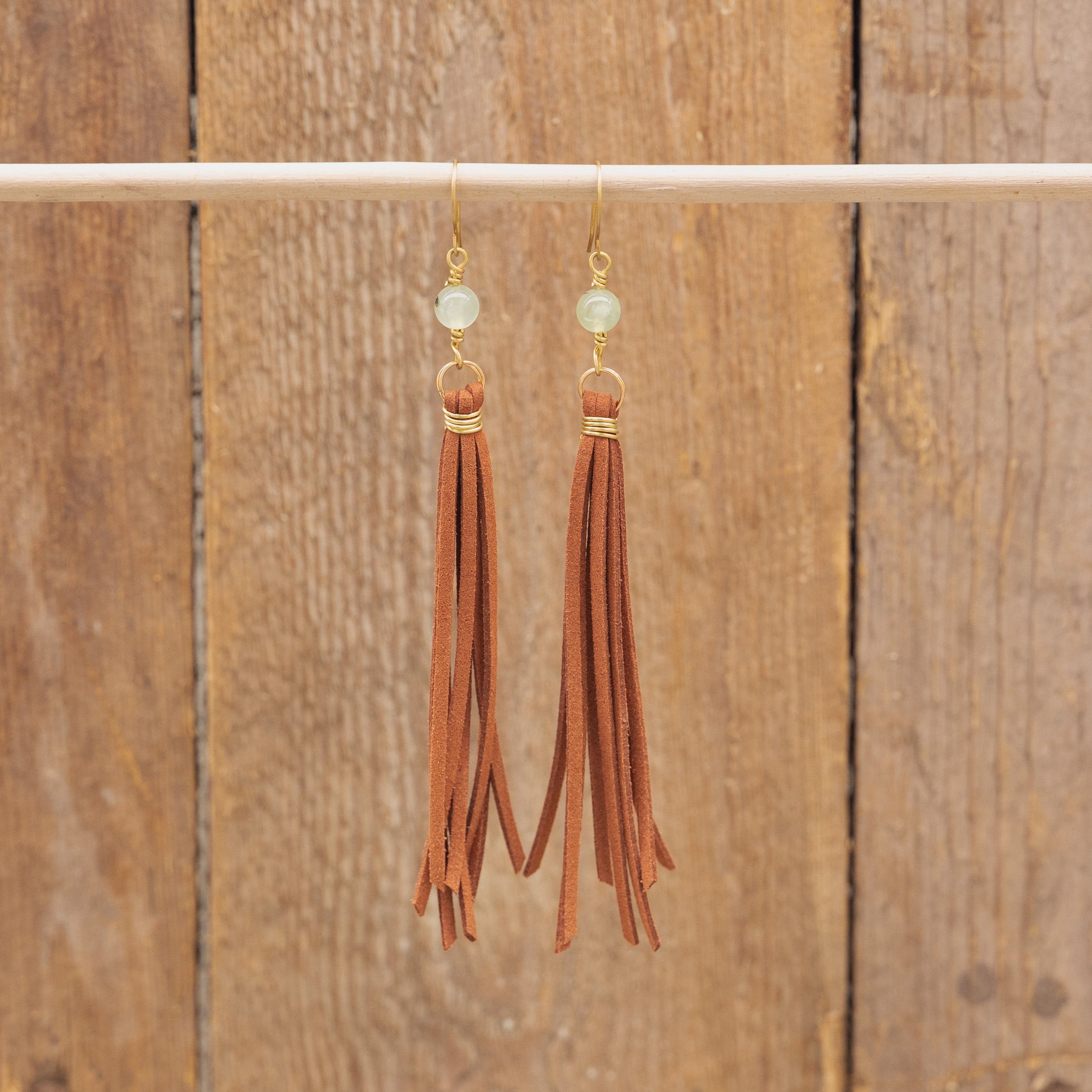Prehnite Tassel Earrings in Brass and Suede