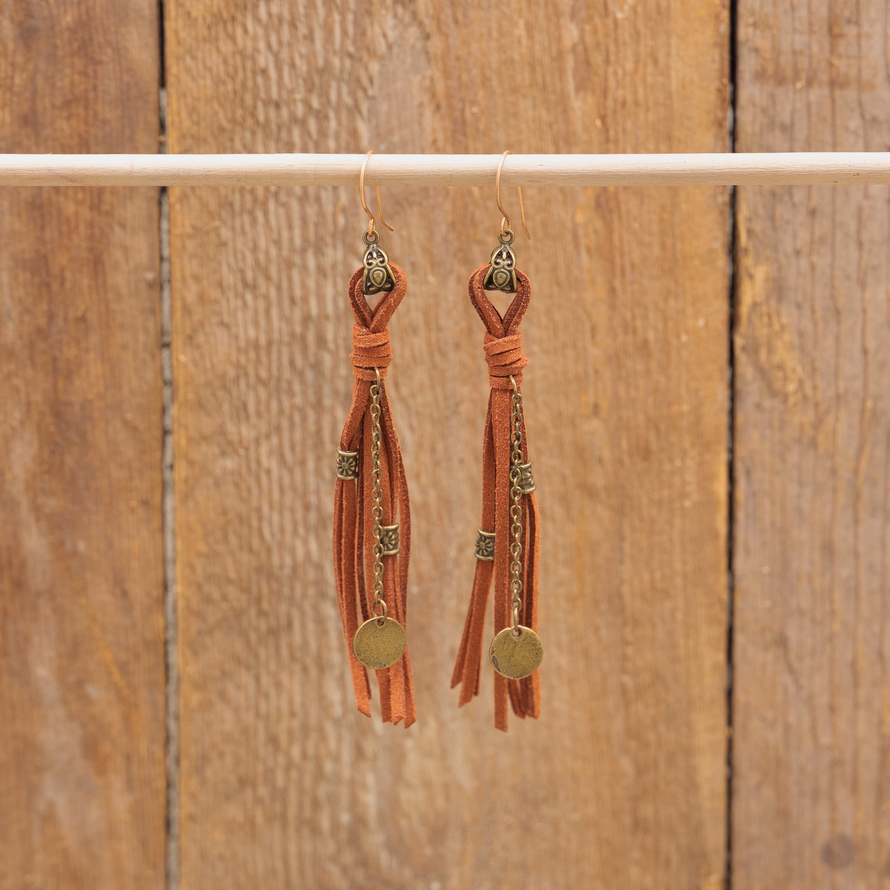 Suede Leather Tassel Earrings in Bronze