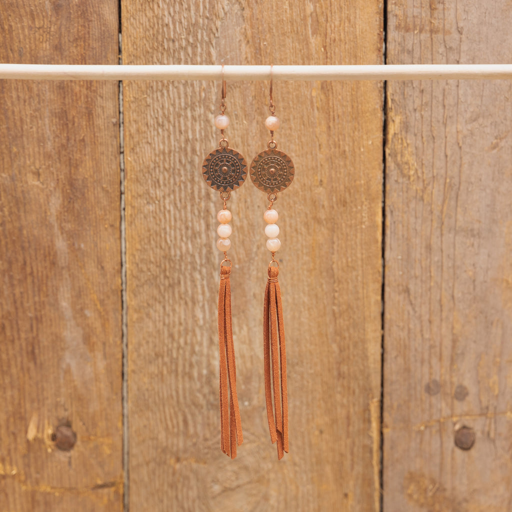 Orange Moonstone Fringe Earrings in Copper