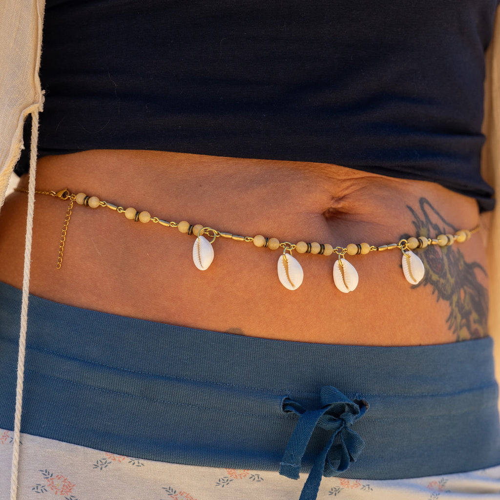 Honey Jade Belly Chain with Cowrie Shells in Gold-Filled Stainless Steel & Brass