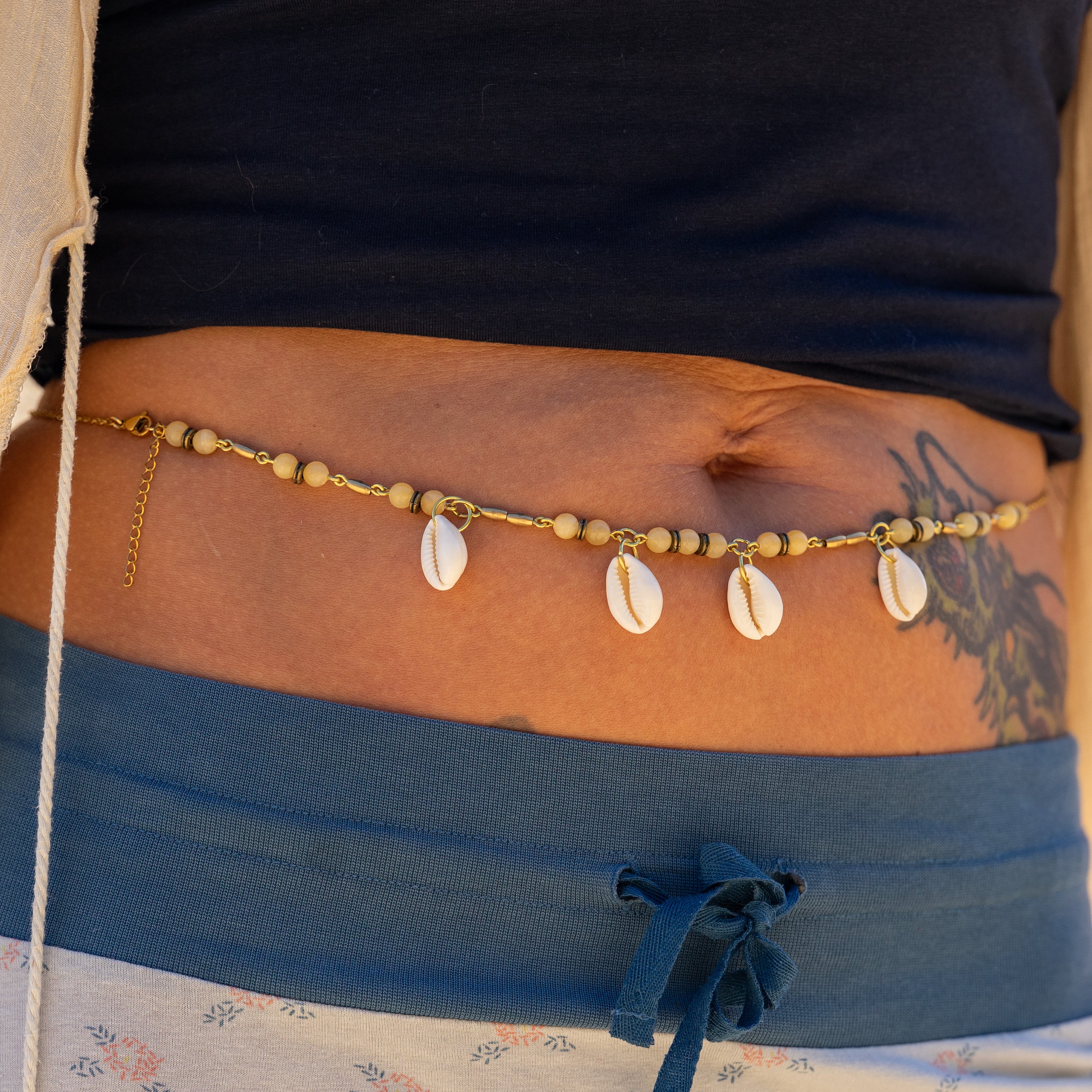 Honey Jade Belly Chain with Cowrie Shells in Gold-Filled Stainless Steel & Brass