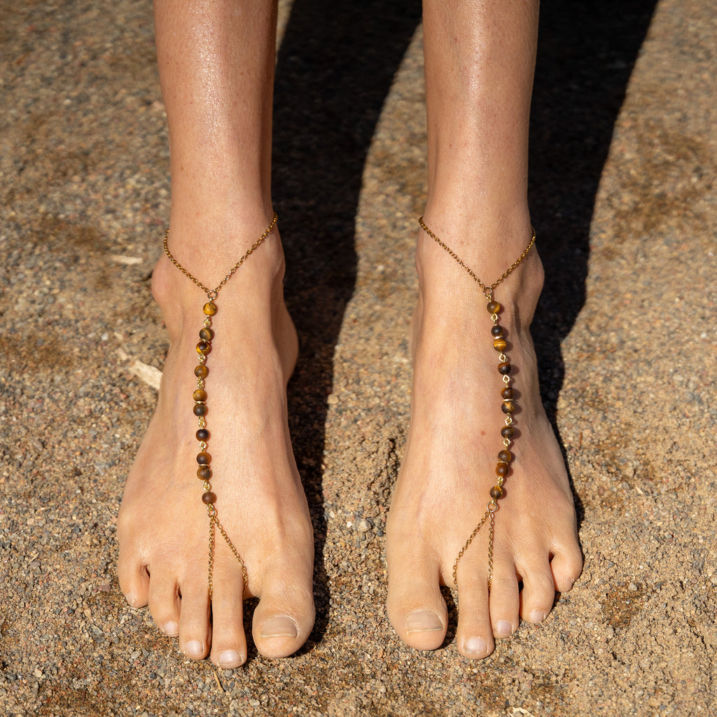 Matte Tiger’s Eye Barefoot Sandals in Goldfilled Stainless Steel