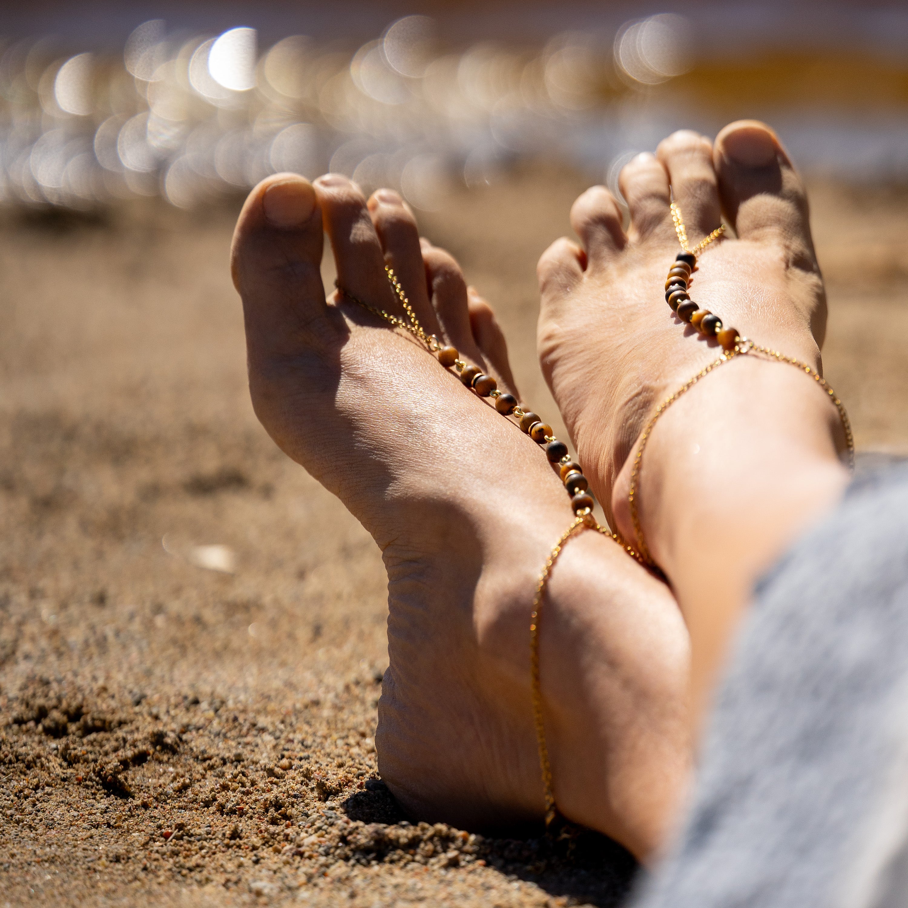 Matte Tiger’s Eye Barefoot Sandals in Goldfilled Stainless Steel