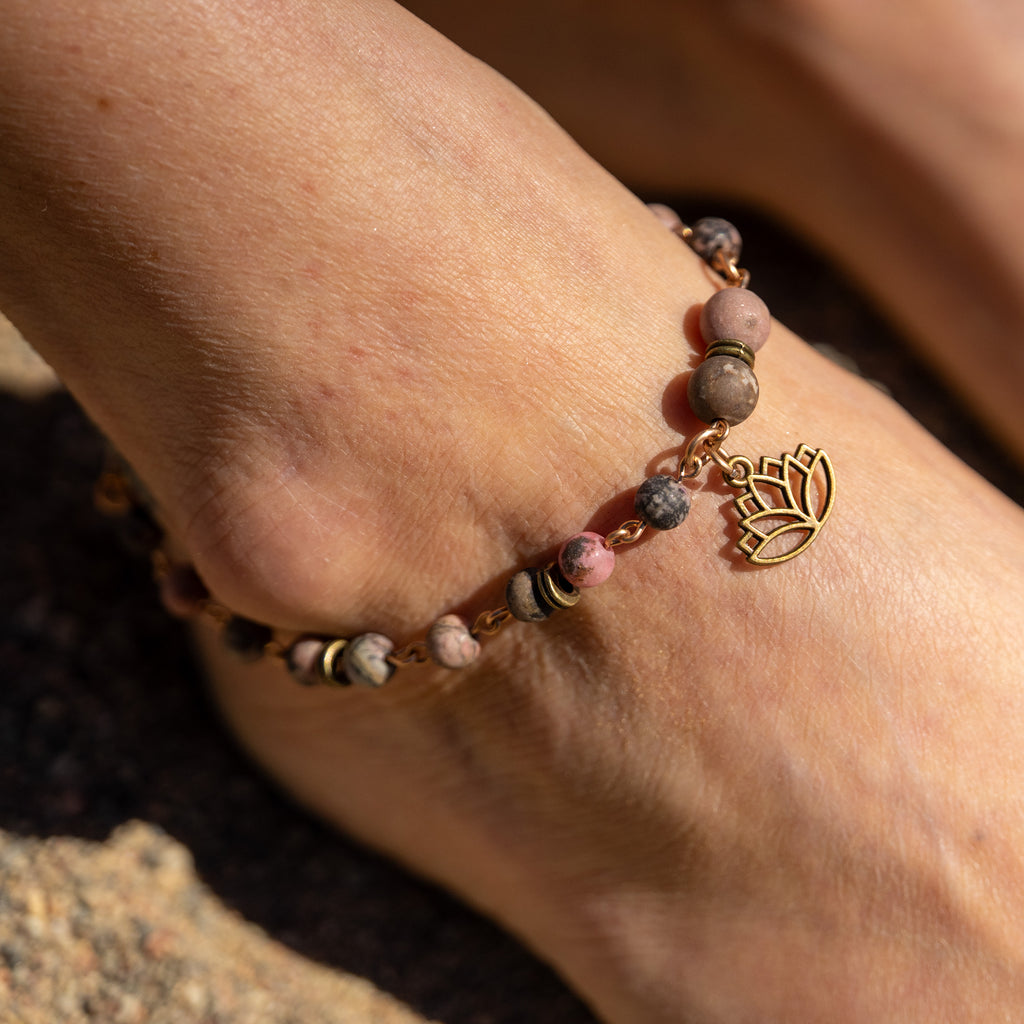 Rhodonite Anklet with Lotus Charm in Bronze