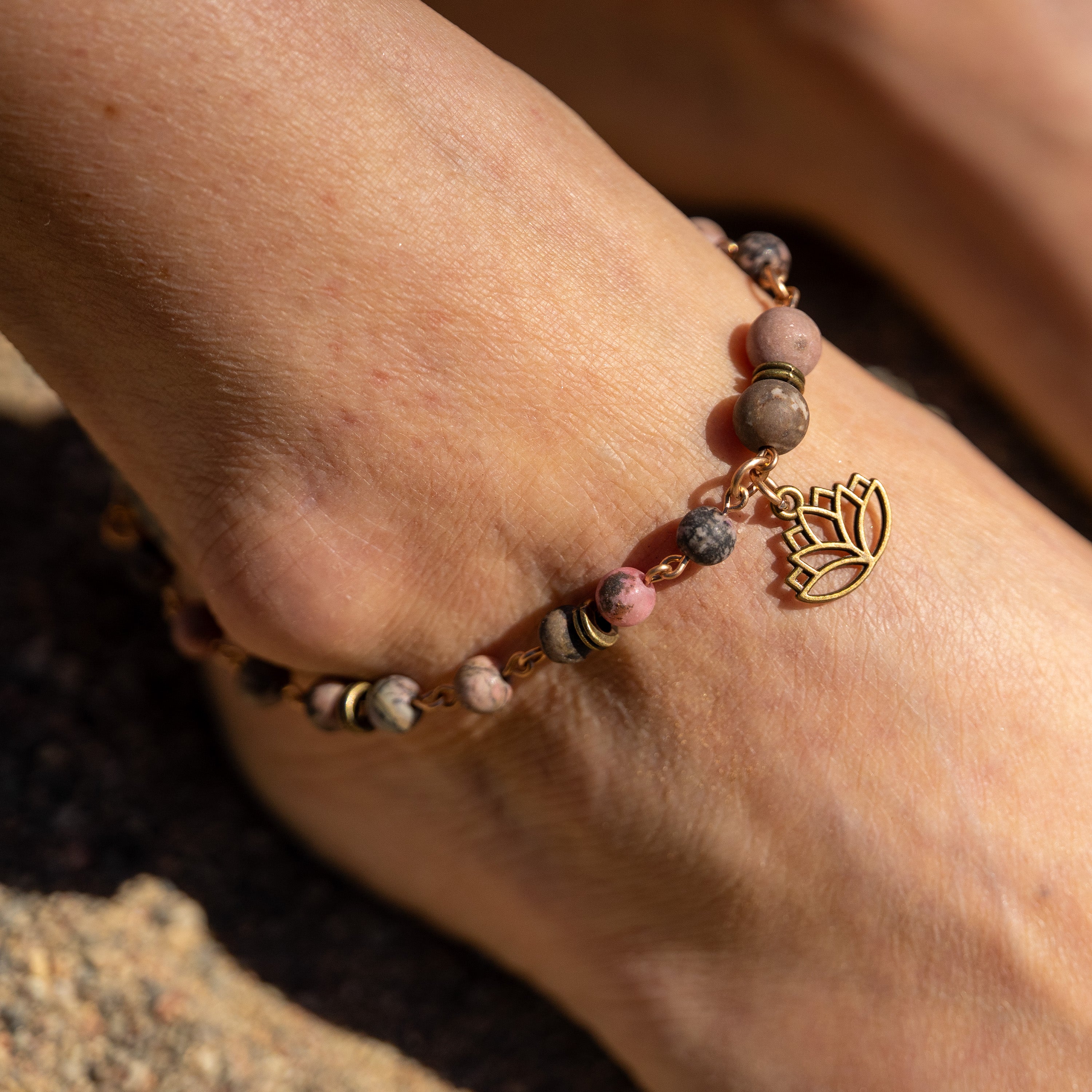 Rhodonite Anklet with Lotus Charm in Bronze