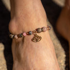 Rhodonite Anklet with Lotus Charm in Bronze