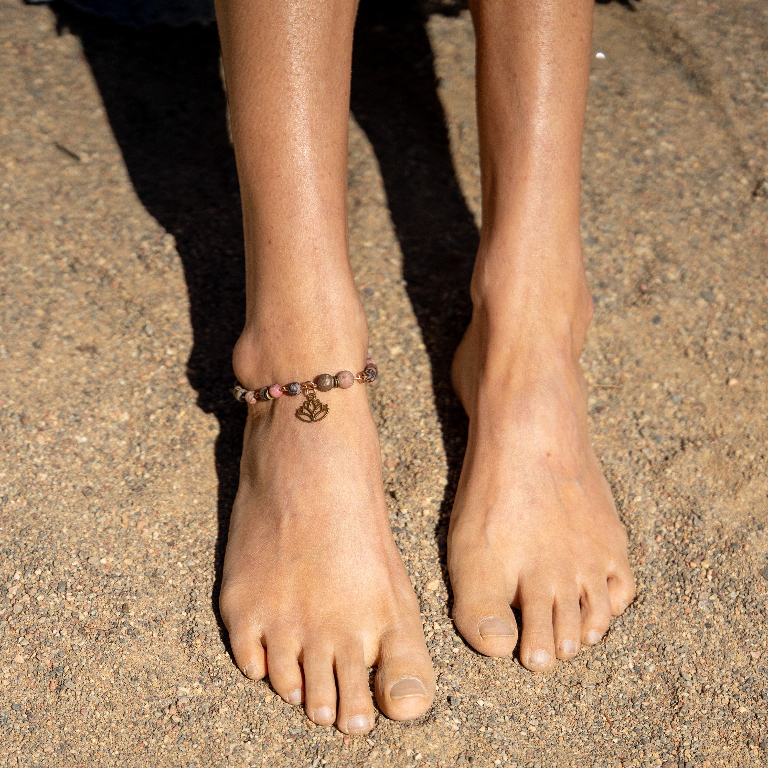Rhodonite Anklet with Lotus Charm in Bronze