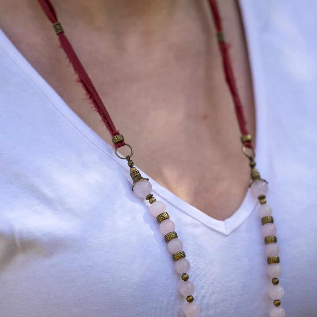 Bohemian Necklace with Rose Quartz, Bronze & Fabric
