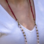 Bohemian Necklace with Rose Quartz, Bronze & Fabric