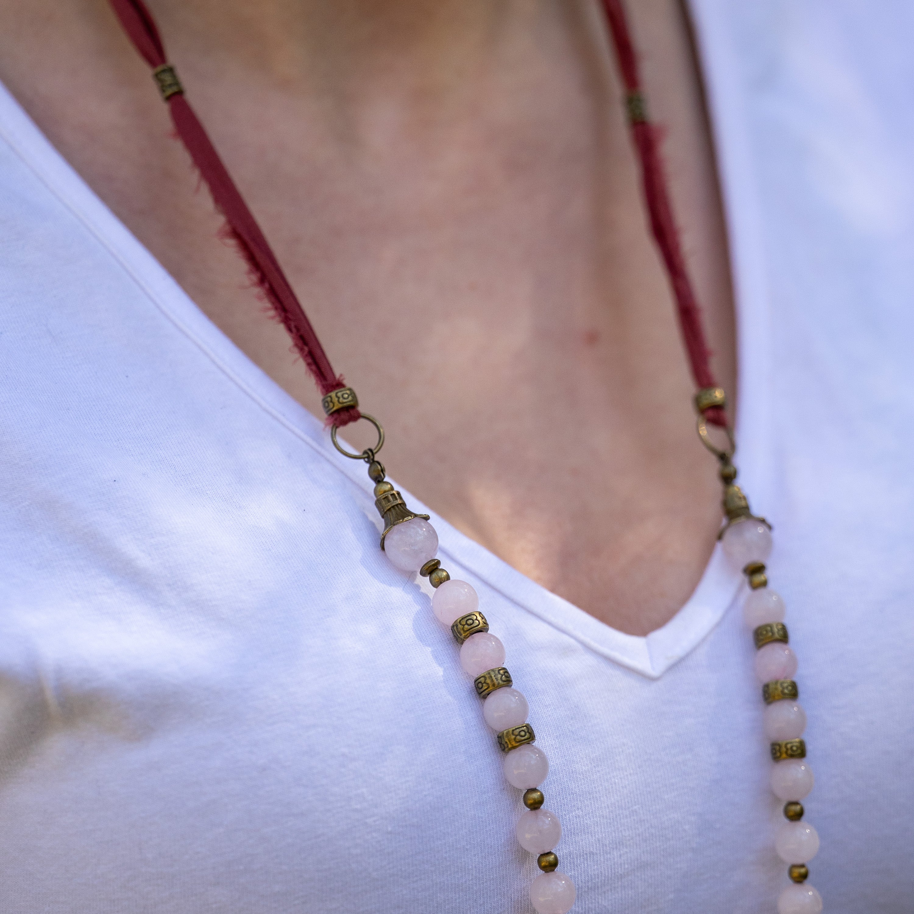 Bohemian Necklace with Rose Quartz, Bronze & Fabric