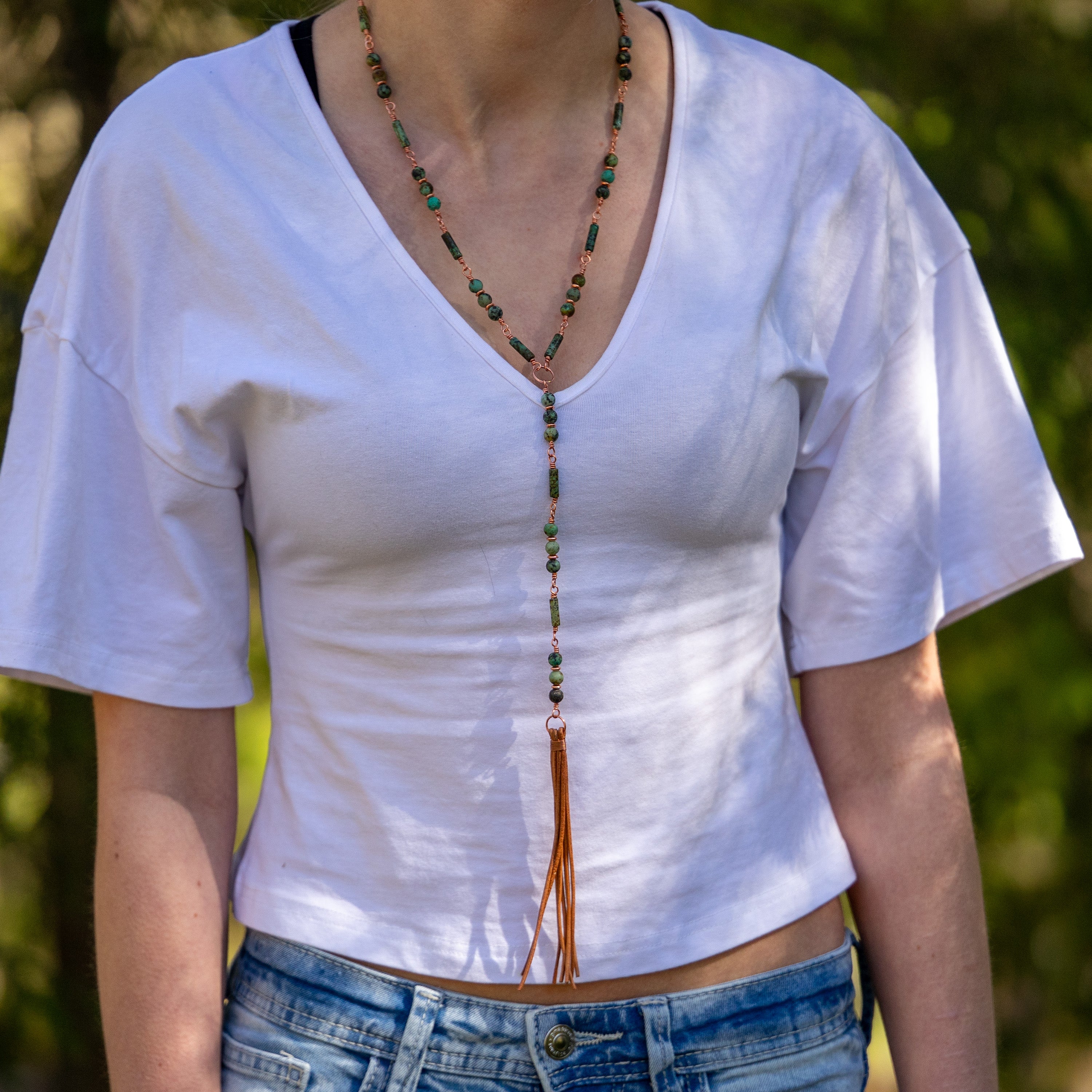 Bohemian Necklace with African Turquoise, Copper & Leather Tassel