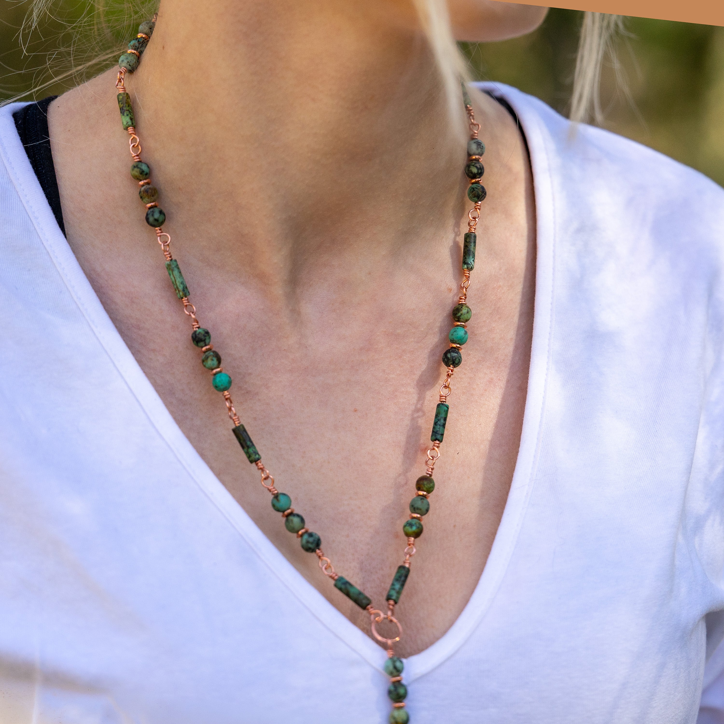 Bohemian Necklace with African Turquoise, Copper & Leather Tassel