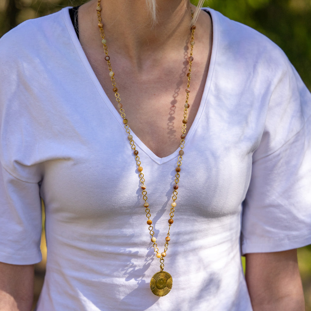 Bohemian Necklace with Wood Jasper & Brass Pendant