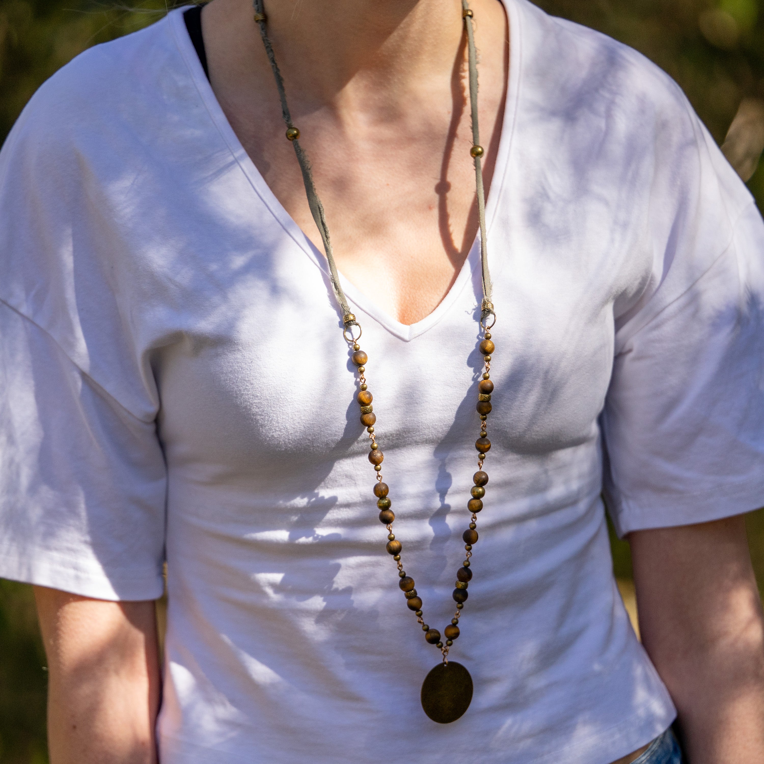 Bohemian Necklace with Matte Tiger’s Eye, Bronze & Fabric