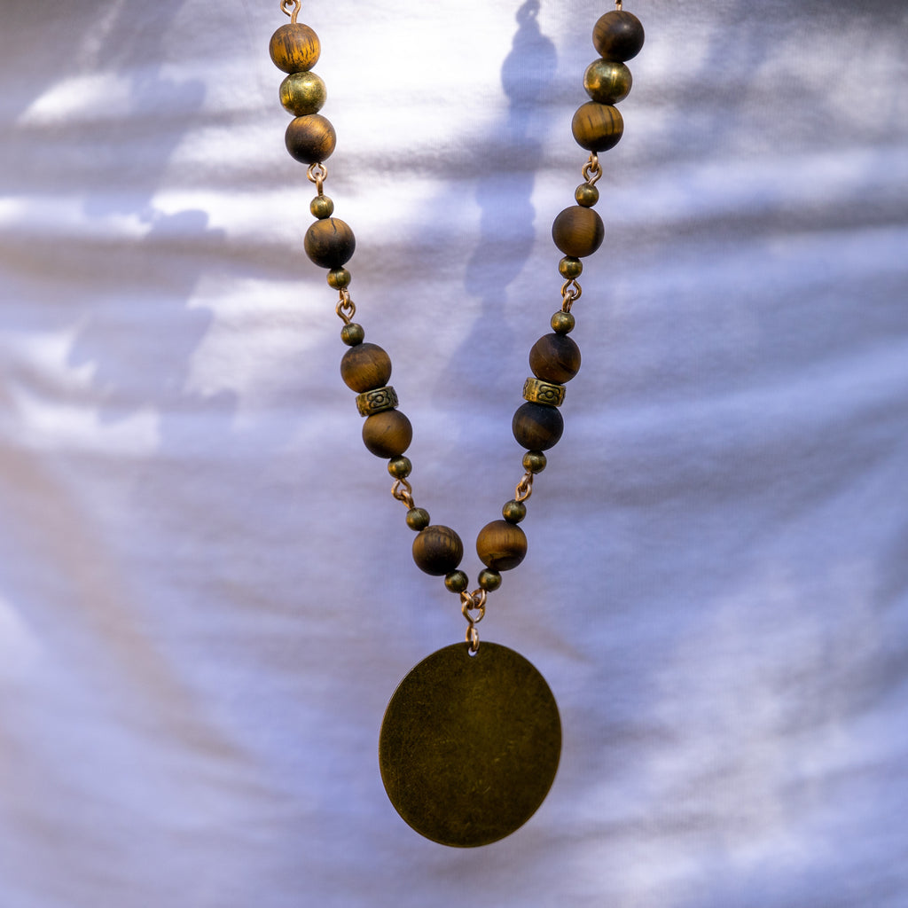 Bohemian Necklace with Matte Tiger’s Eye, Bronze & Fabric