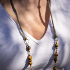 Bohemian Necklace with Matte Tiger’s Eye, Bronze & Fabric