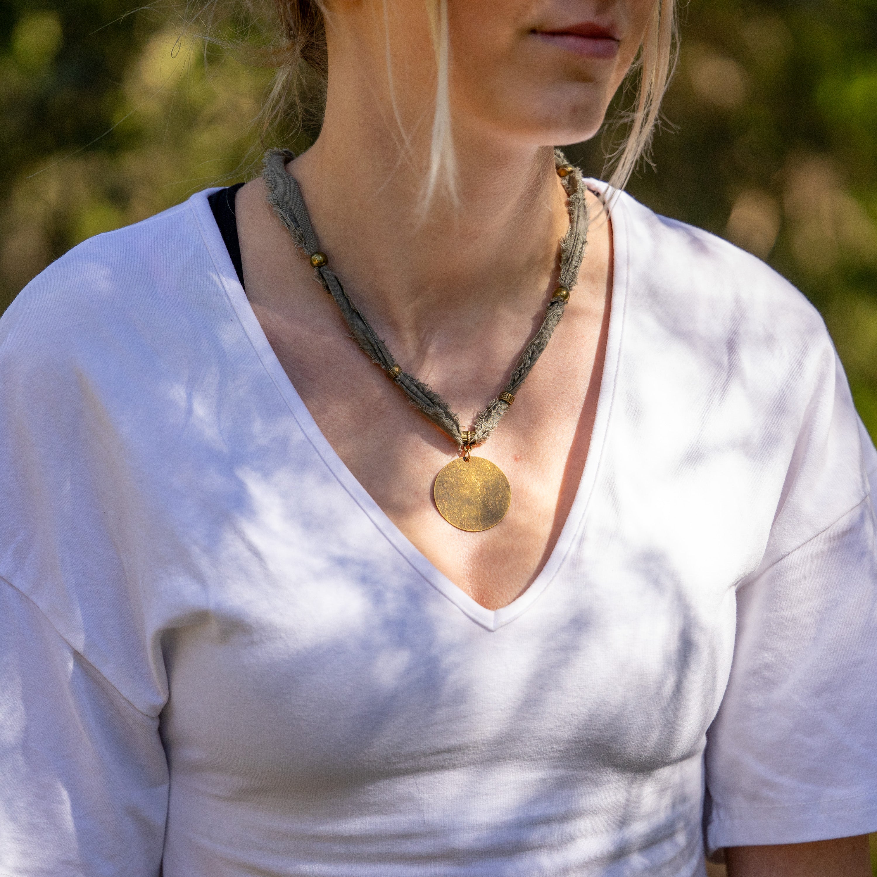 Bohemian Fabric Necklace with Bronze Pendant