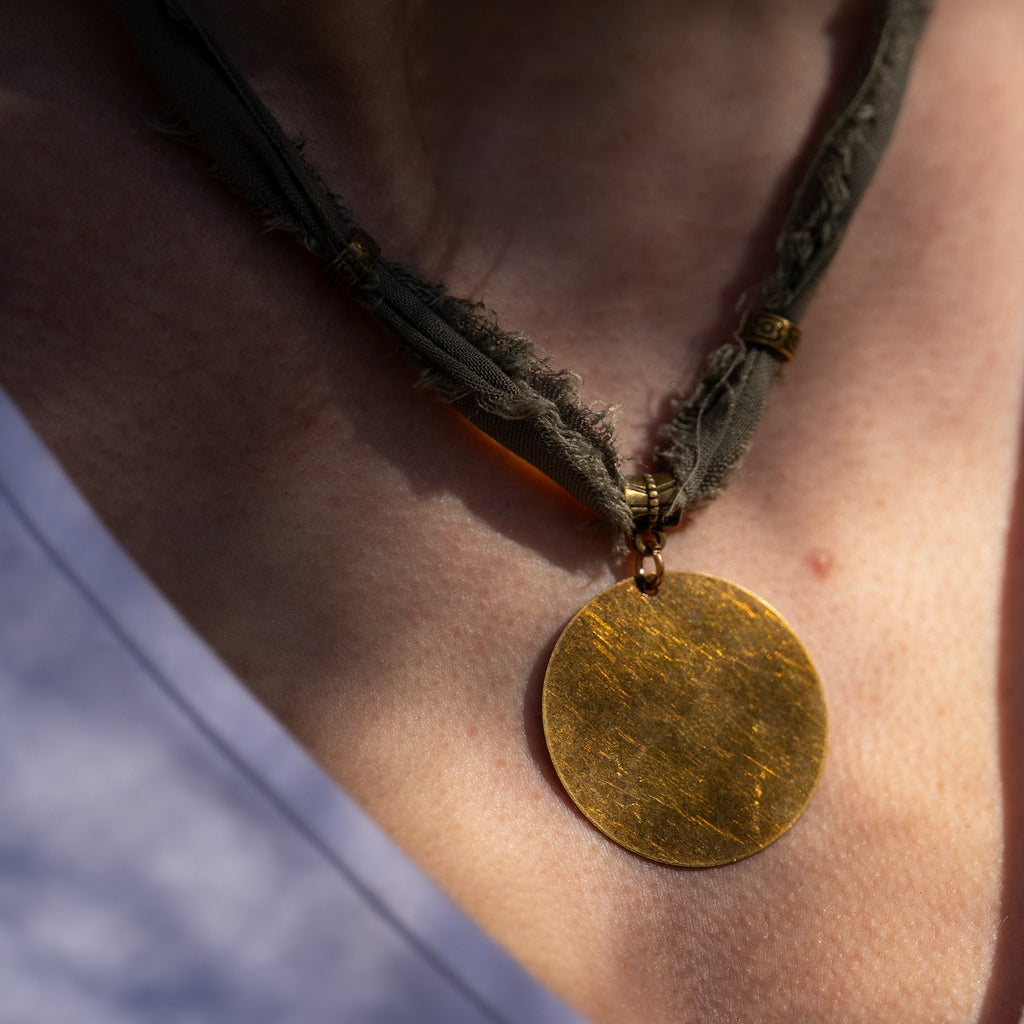 Bohemian Fabric Necklace with Bronze Pendant