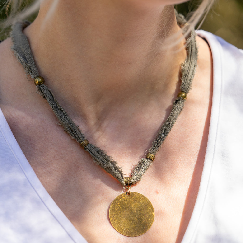Bohemian Fabric Necklace with Bronze Pendant