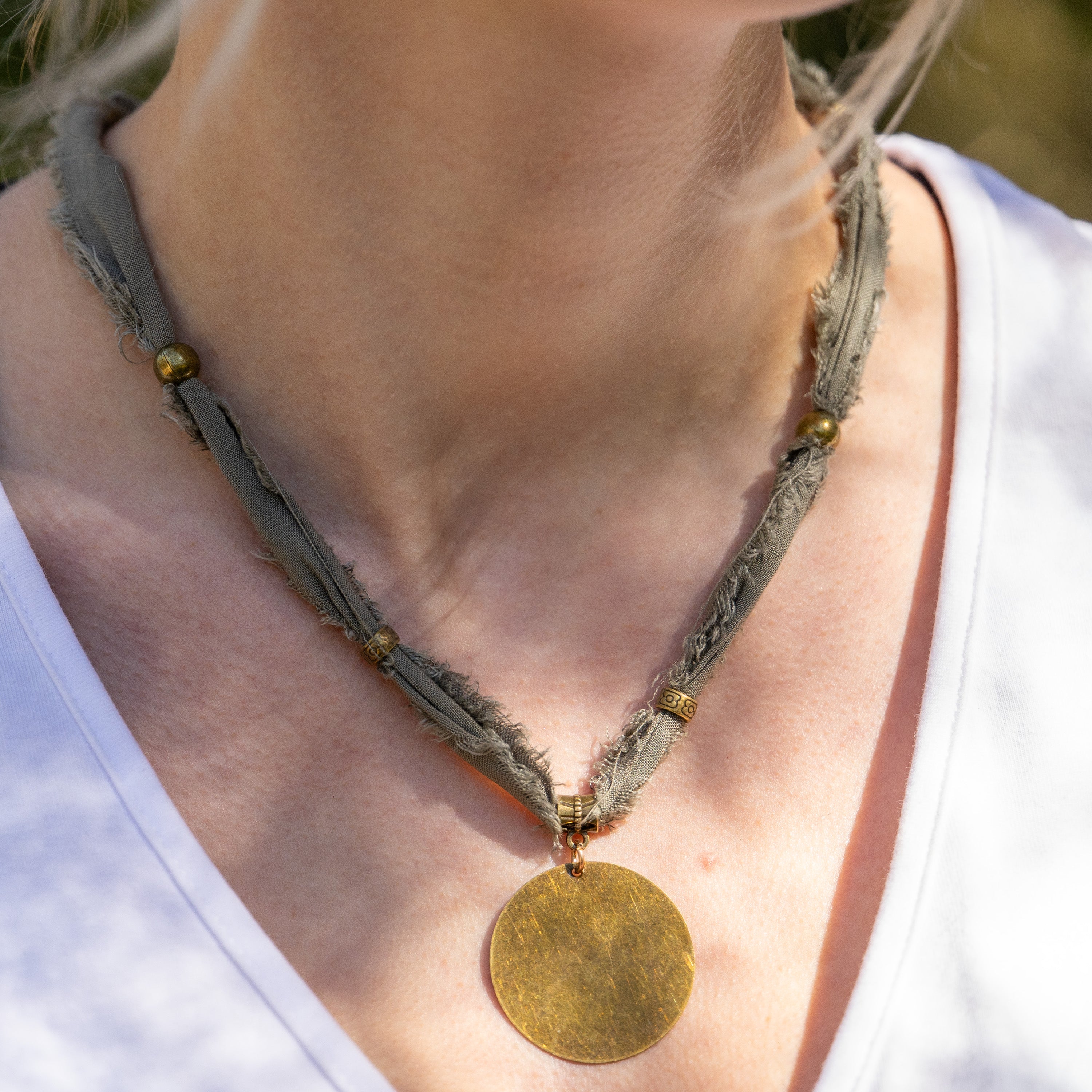 Bohemian Fabric Necklace with Bronze Pendant
