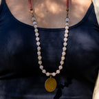 Bohemian Necklace with Rose Quartz, Bronze & Fabric