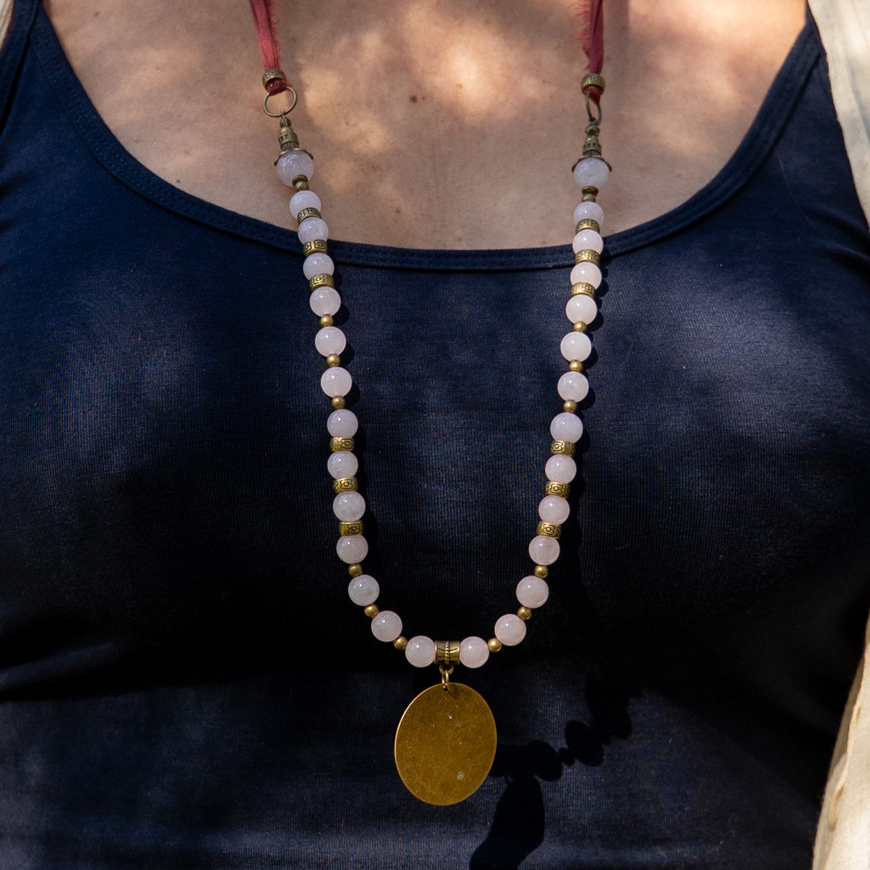 Bohemian Necklace with Rose Quartz, Bronze & Fabric