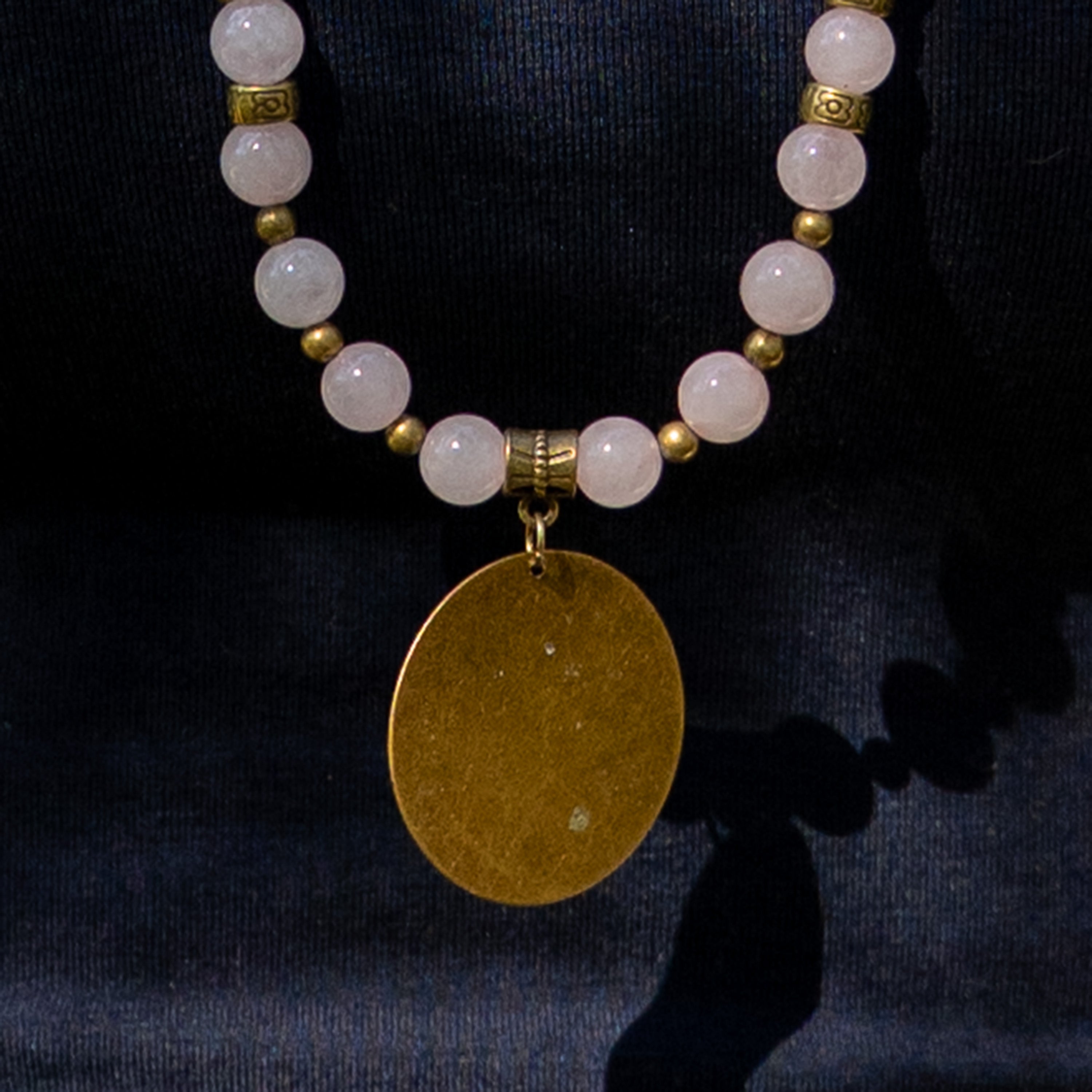 Bohemian Necklace with Rose Quartz, Bronze & Fabric