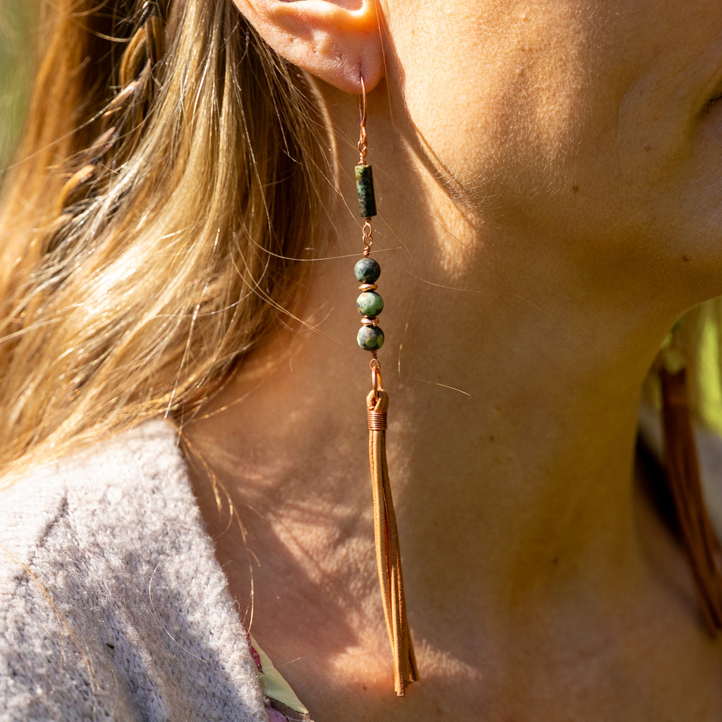 African Turquoise Tassel Earrings in Copper