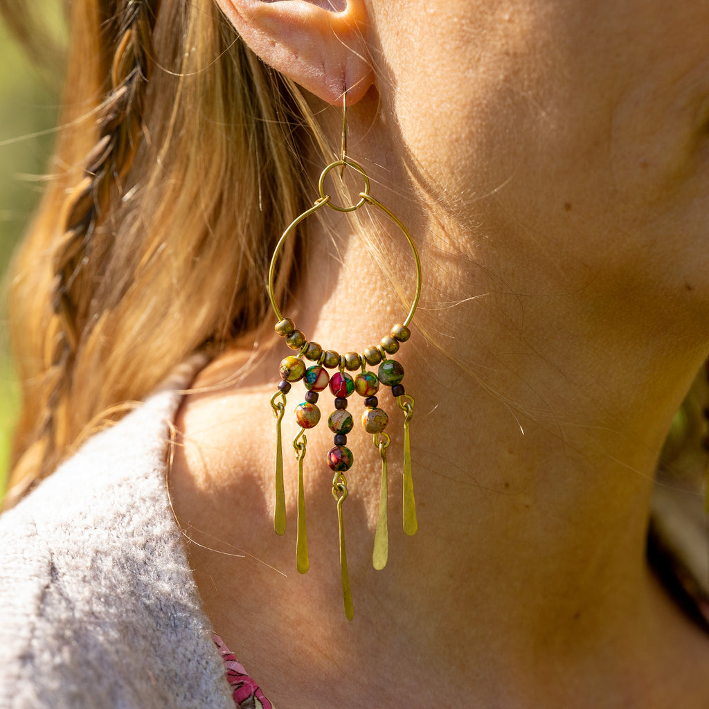 Sea Sediment Jasper Colorful Earrings in Brass