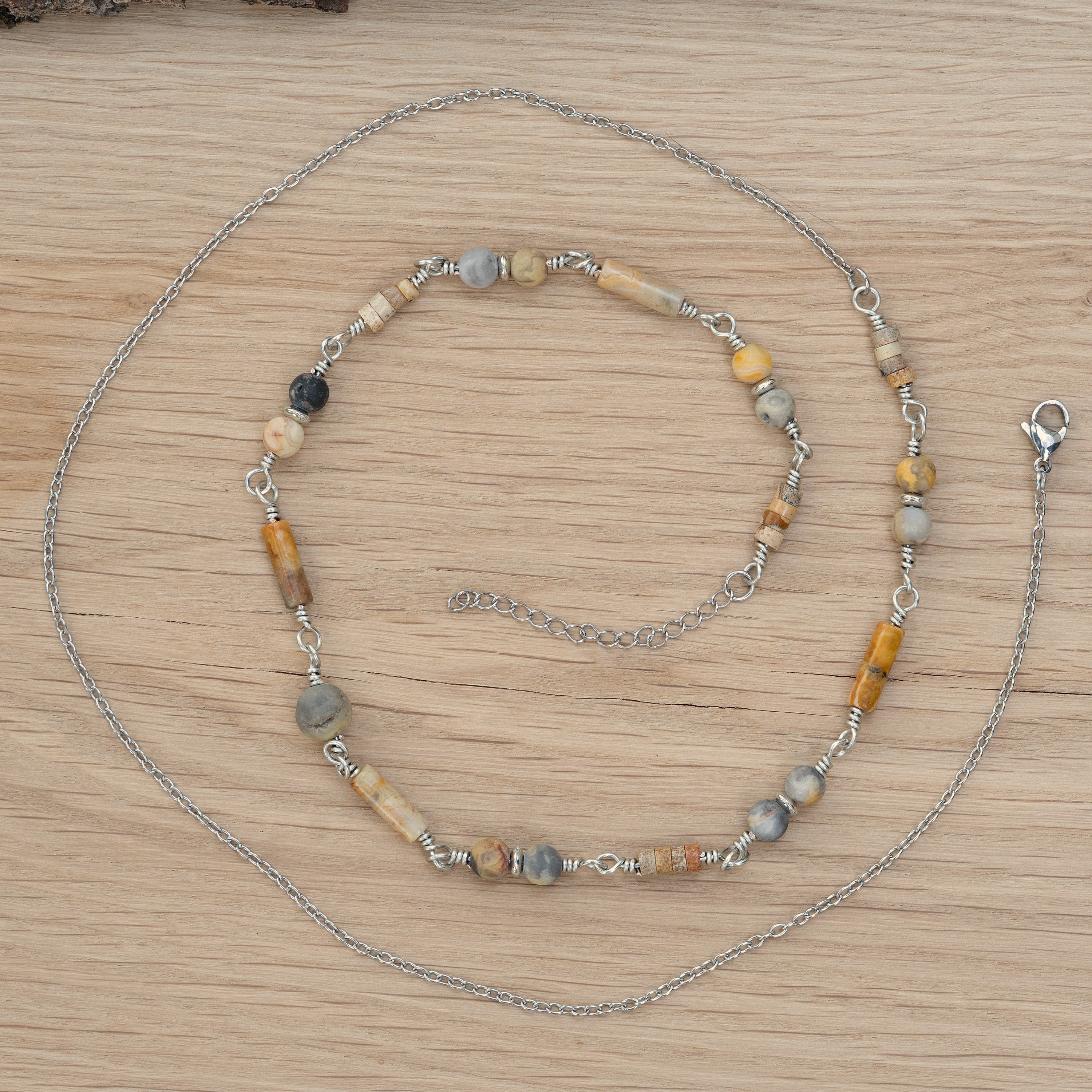 Lace Agate & Picture Jasper Belly Chain in Stainless Steel