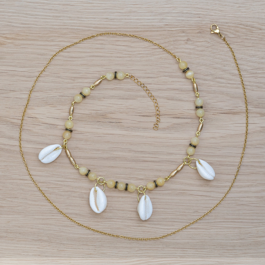 Honey Jade Belly Chain with Cowrie Shells in Gold-Filled Stainless Steel & Brass