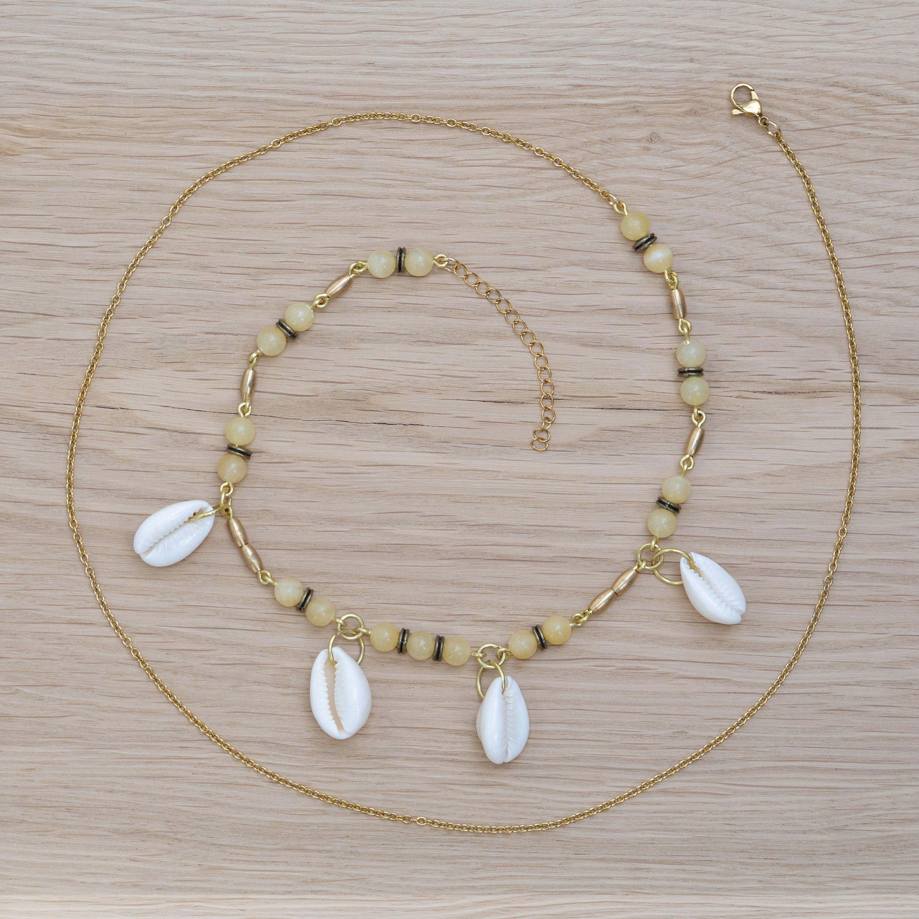 Honey Jade Belly Chain with Cowrie Shells in Gold-Filled Stainless Steel & Brass