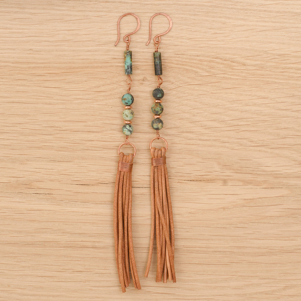 African Turquoise Tassel Earrings in Copper