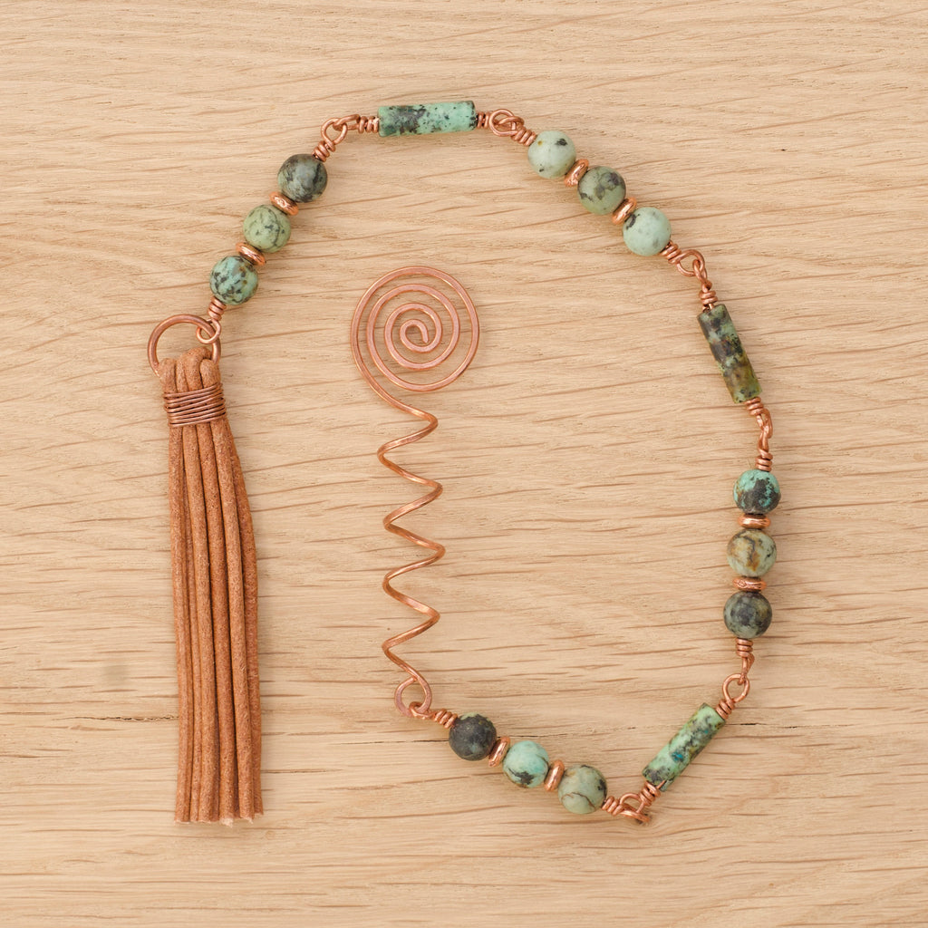African Turquoise Hair Twist with Leather Tassel in Copper