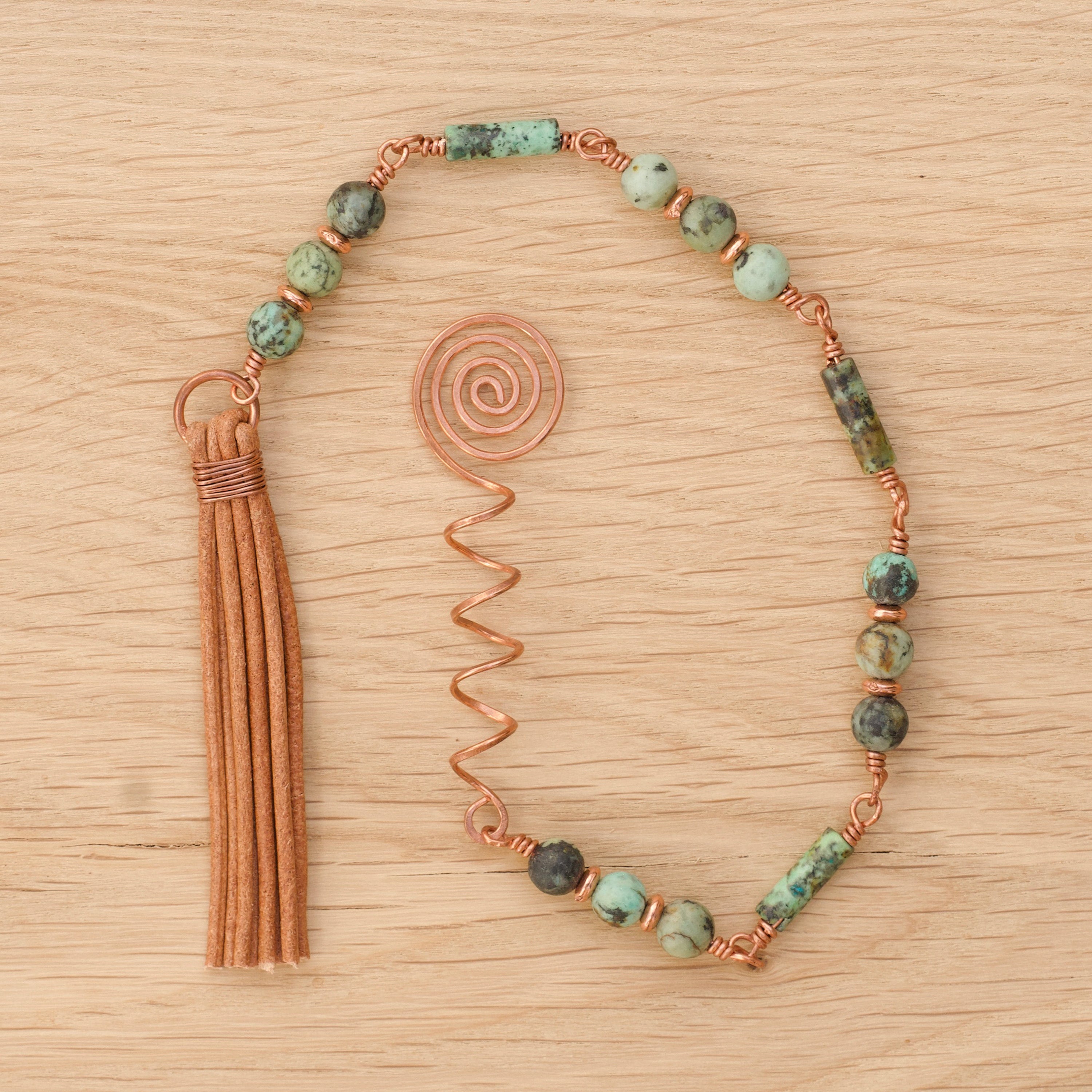 African Turquoise Hair Twist with Leather Tassel in Copper