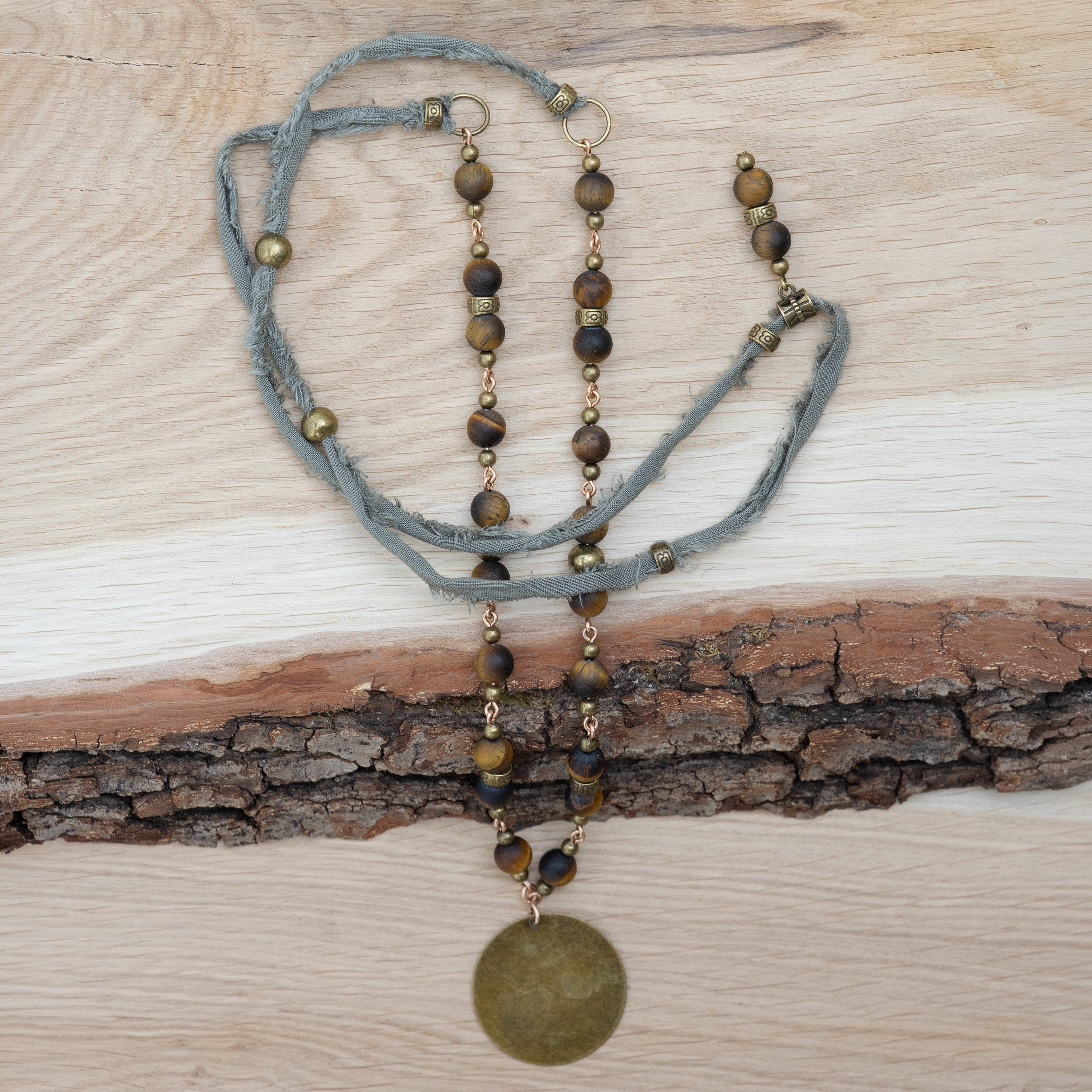 Bohemian Necklace with Matte Tiger’s Eye, Bronze & Fabric