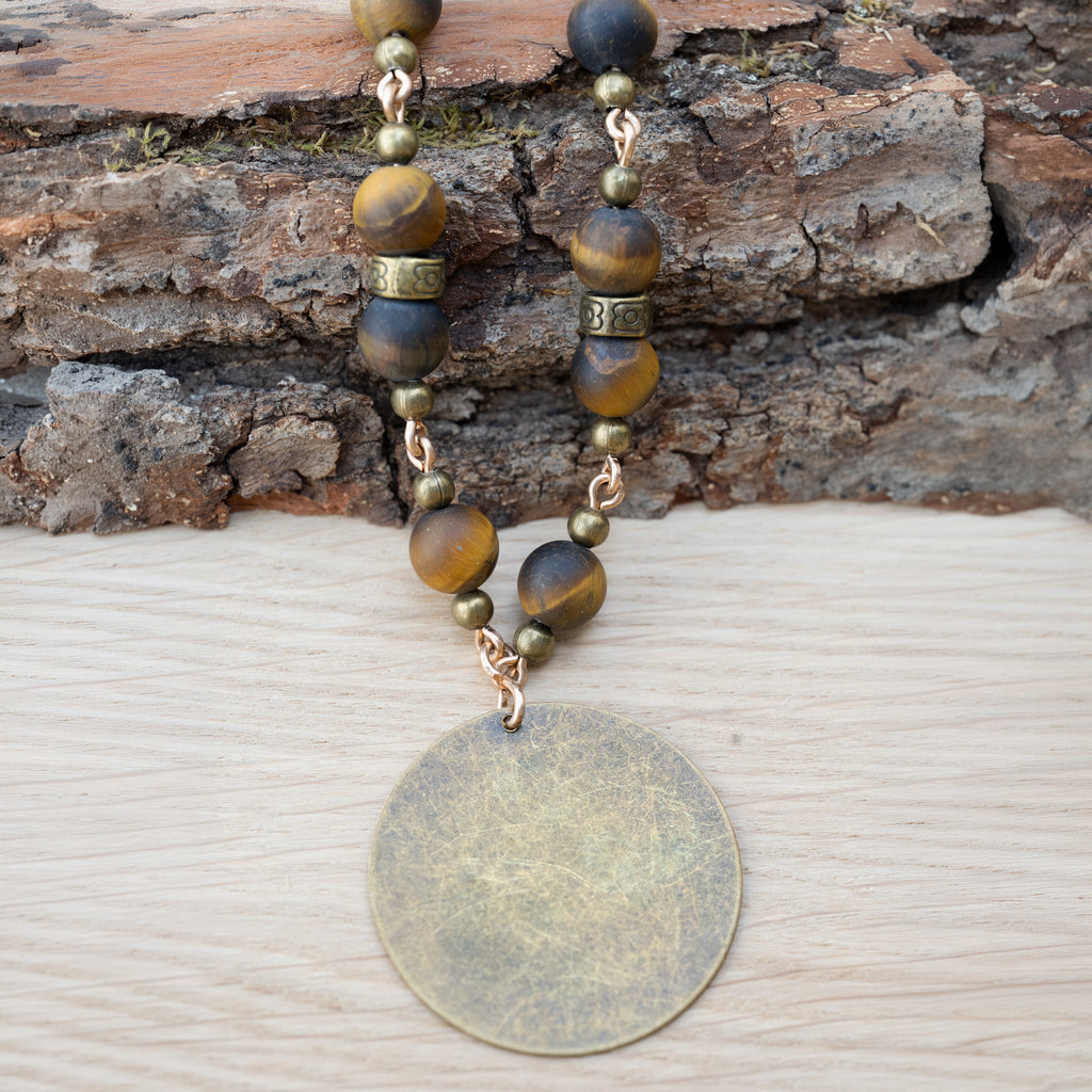 Bohemian Necklace with Matte Tiger’s Eye, Bronze & Fabric