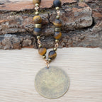 Bohemian Necklace with Matte Tiger’s Eye, Bronze & Fabric