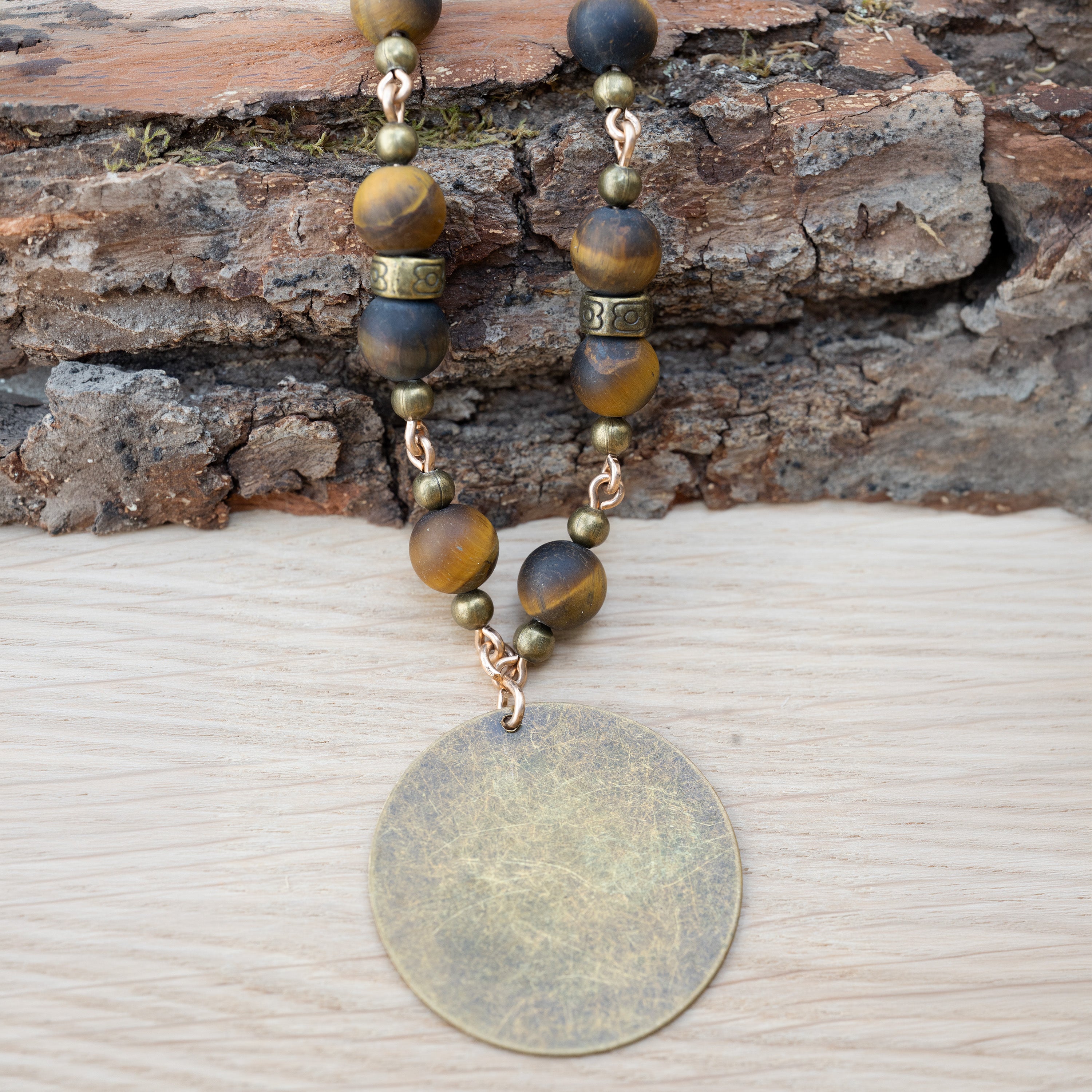 Bohemian Necklace with Matte Tiger’s Eye, Bronze & Fabric