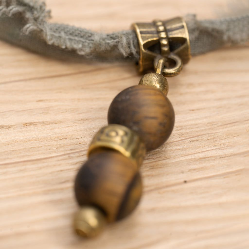 Bohemian Necklace with Matte Tiger’s Eye, Bronze & Fabric