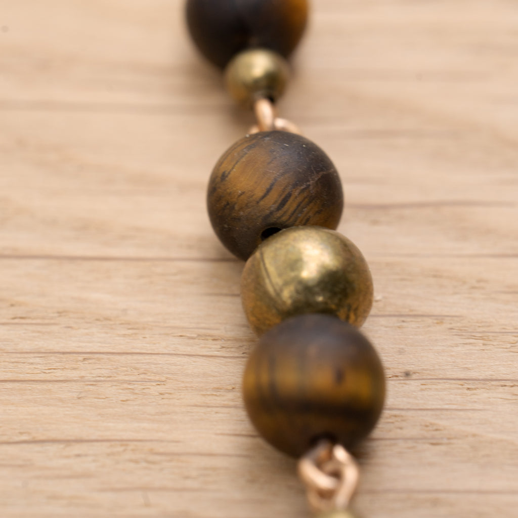 Bohemian Necklace with Matte Tiger’s Eye, Bronze & Fabric