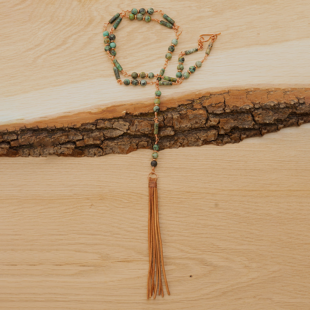 Bohemian Necklace with African Turquoise, Copper & Leather Tassel