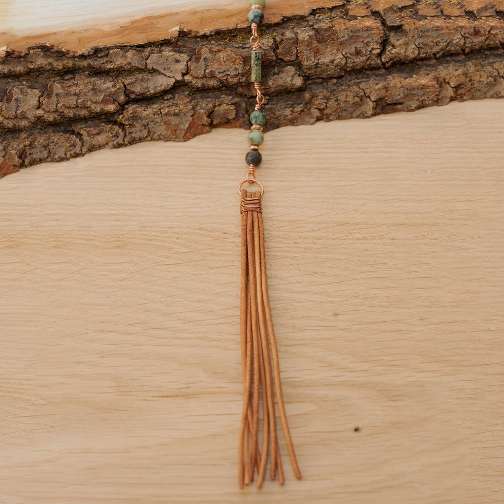 Bohemian Necklace with African Turquoise, Copper & Leather Tassel