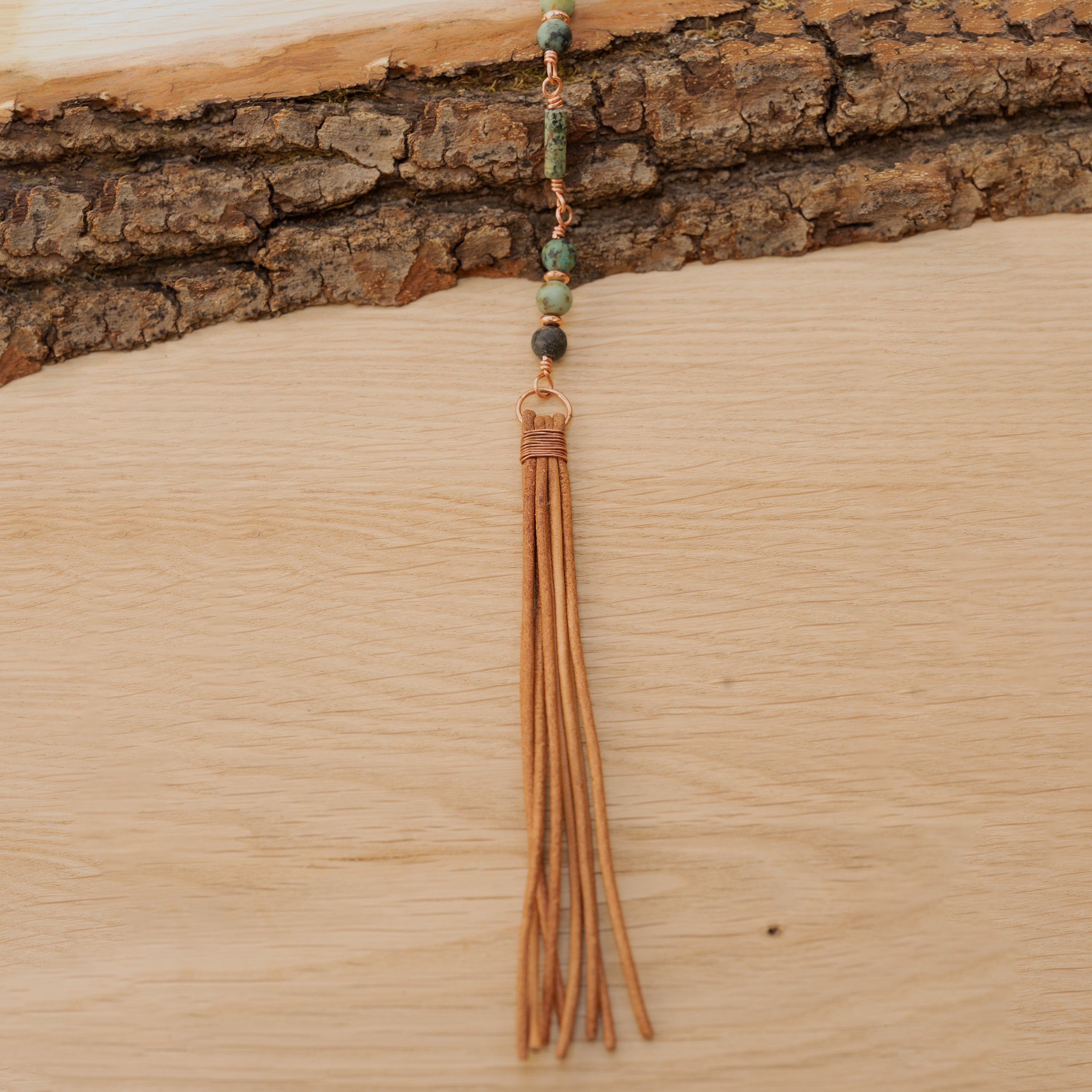 Bohemian Necklace with African Turquoise, Copper & Leather Tassel