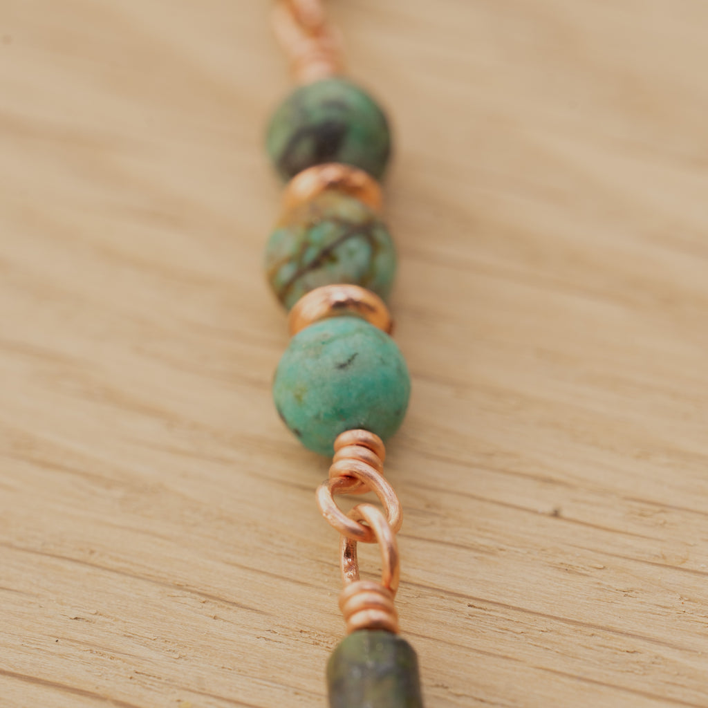 Bohemian Necklace with African Turquoise, Copper & Leather Tassel