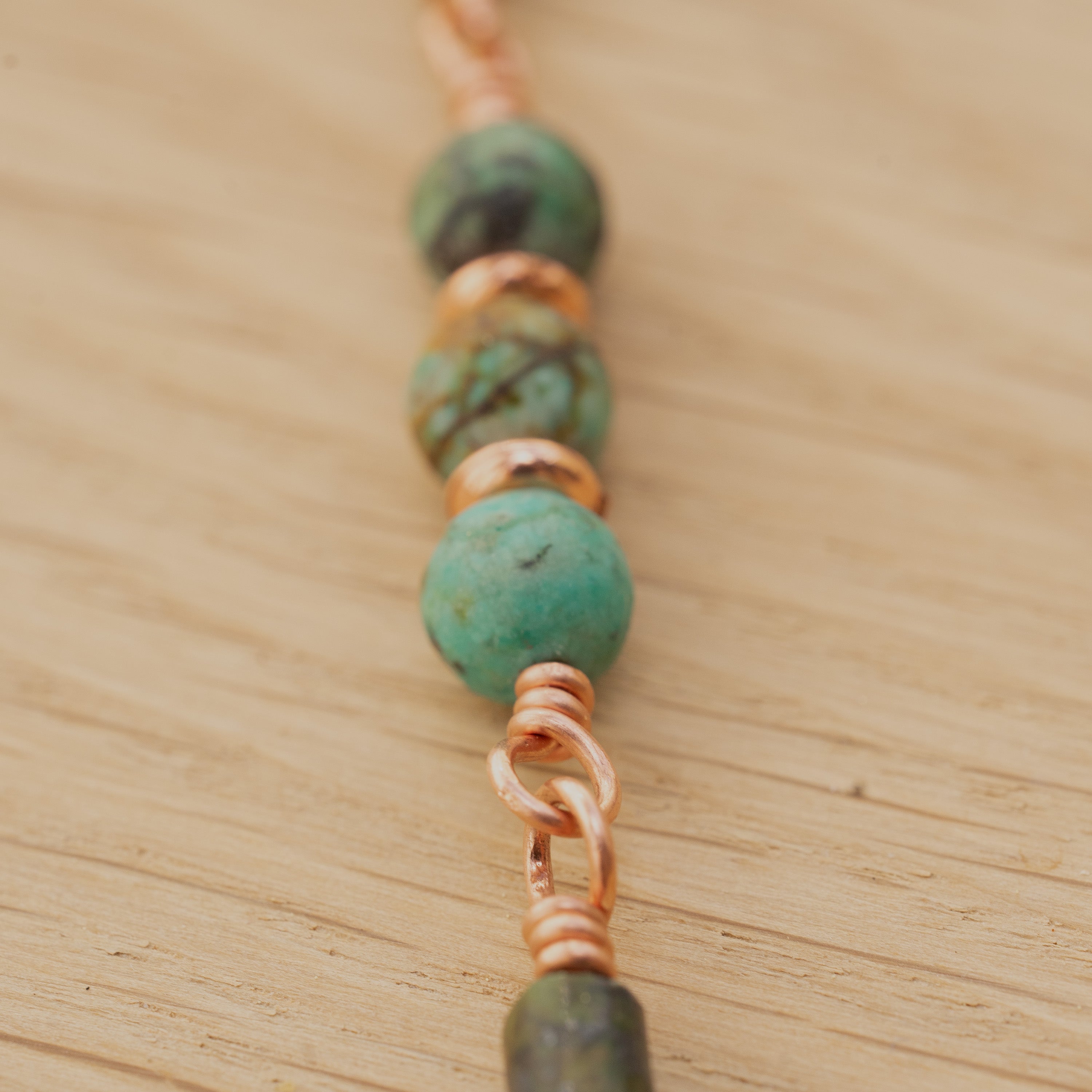 Bohemian Necklace with African Turquoise, Copper & Leather Tassel