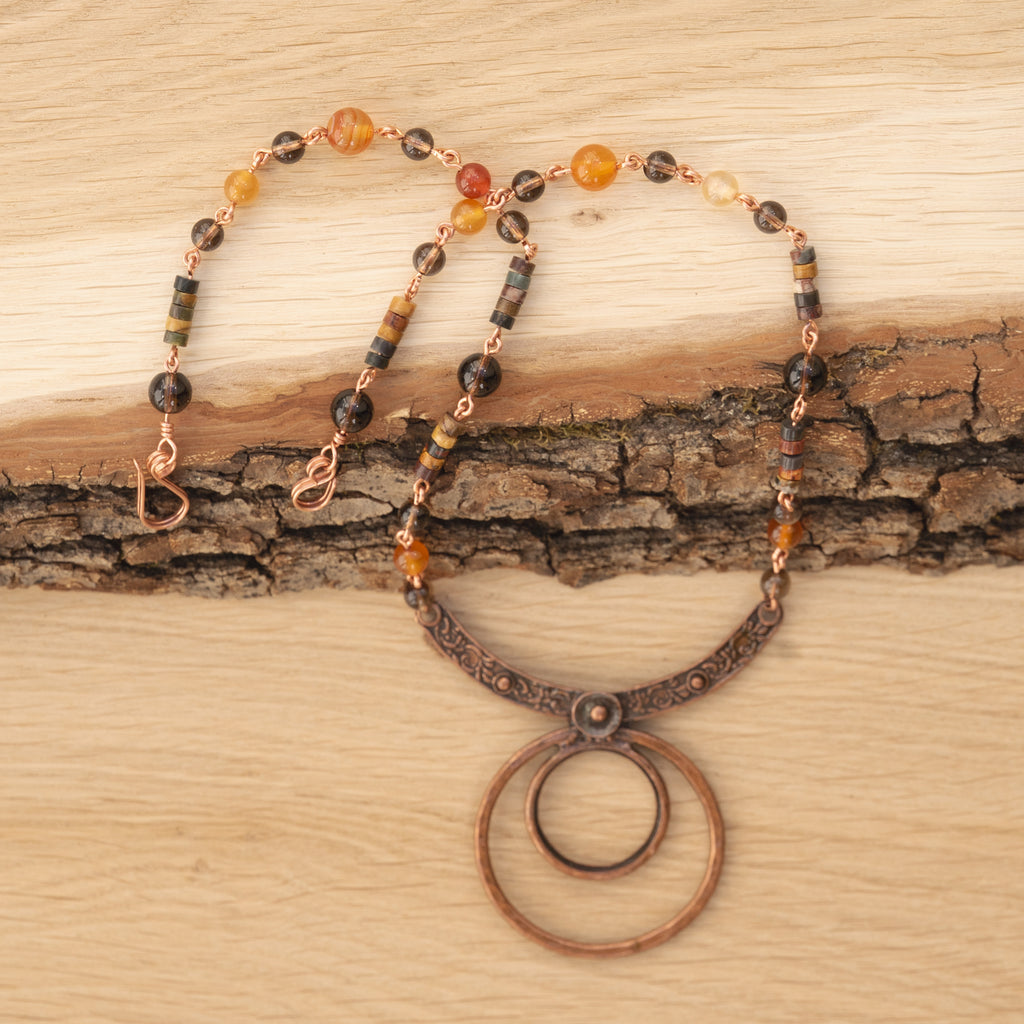 Carnelian, Smoky Quartz & Picasso Jasper Necklace in Copper